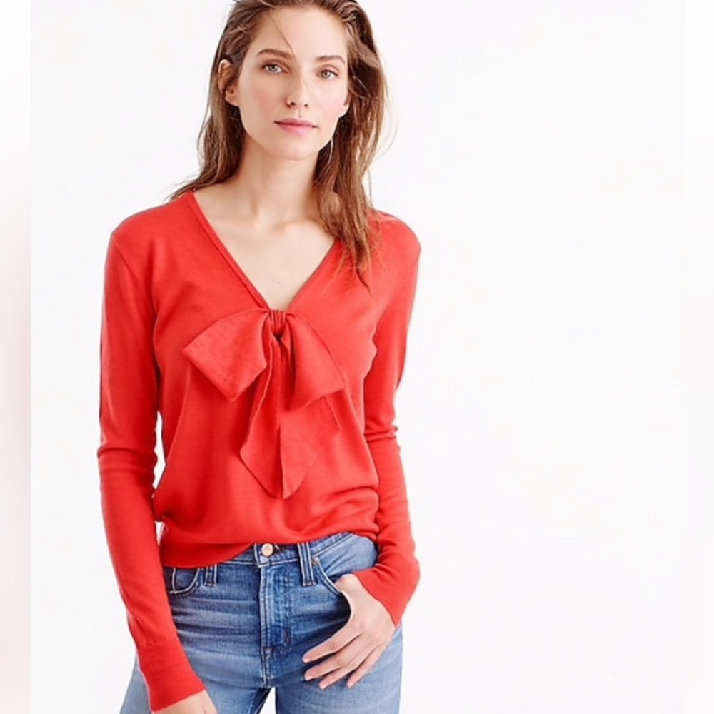 J. Crew Merino Wool V-neck Lightweight Large Bow Long Sleeve Sweater